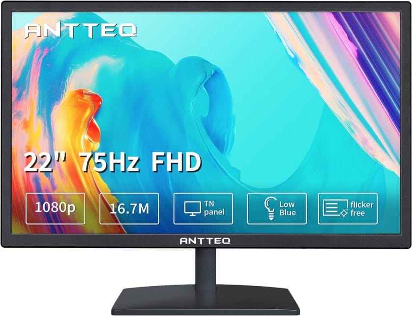 Antteq 22 Inch Business Computer Monitor, FHD 1080p 75Hz Desktop Monitor, Low Blue Light, Eye Comfort, HDMI VGA Ports, LED PC Monitor, Black