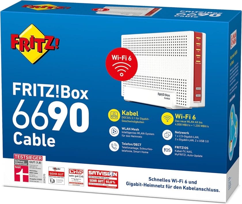 AVM FRITZ!Box 6690 Cable (DOCSIS 3.1 Cable Modem, 4x4 Wi-Fi 6 (WLAN AX) with 4,800 Mbps (5 GHz) + 1,200 Mbps (2.4 GHz), 1 x 2.5 Gigabit LAN Connection, USB 3.0, DECT)